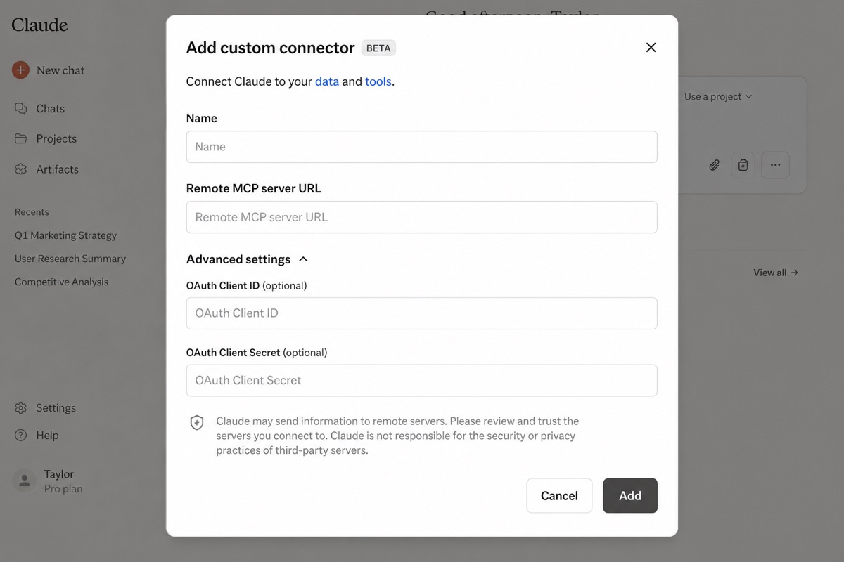 Claude Add custom connector dialog with Name, Remote MCP server URL, and OAuth fields in Advanced settings